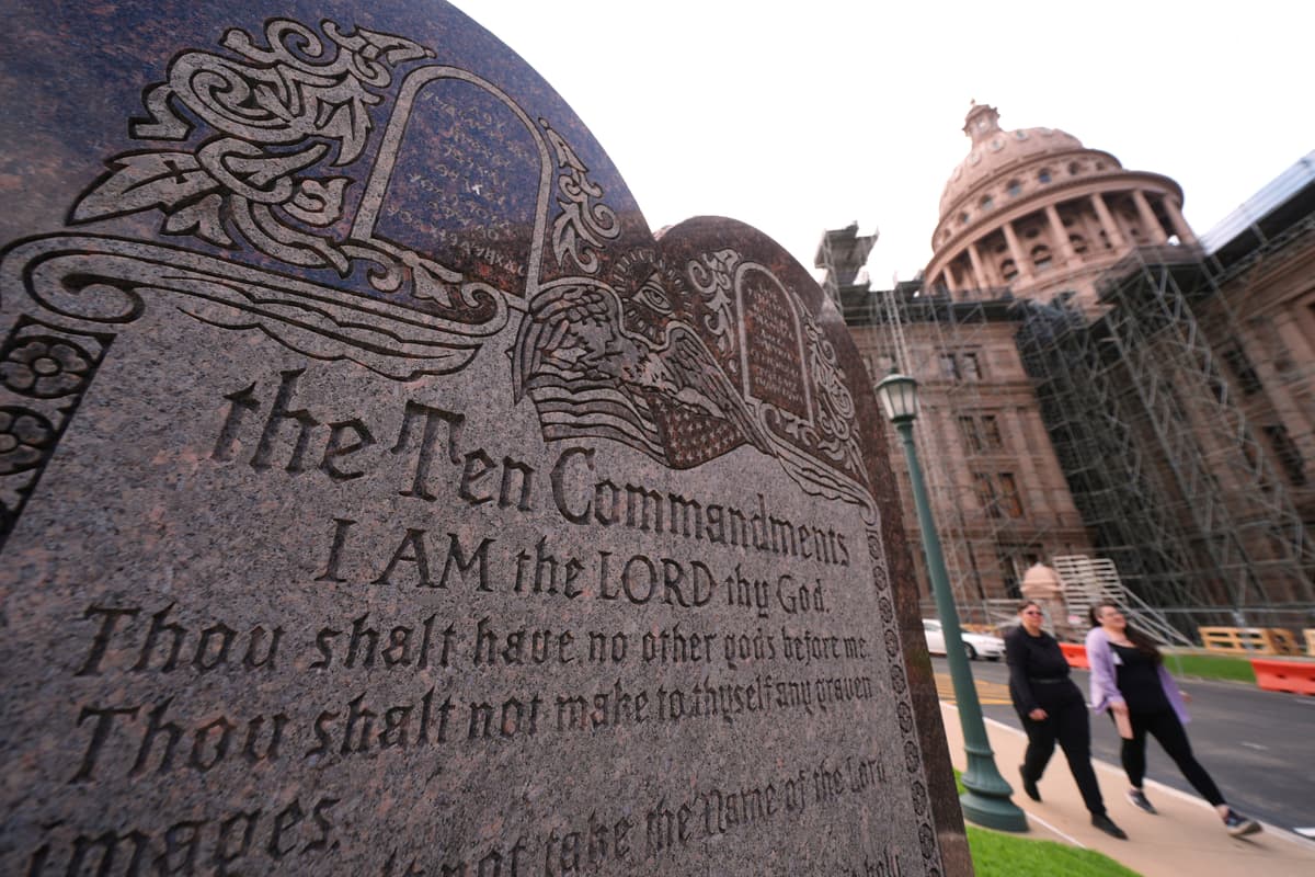 A granite Ten Commandments monument stands on the ground of the Texas Capitol, May 29, 2025, in Austin, Texas. 
